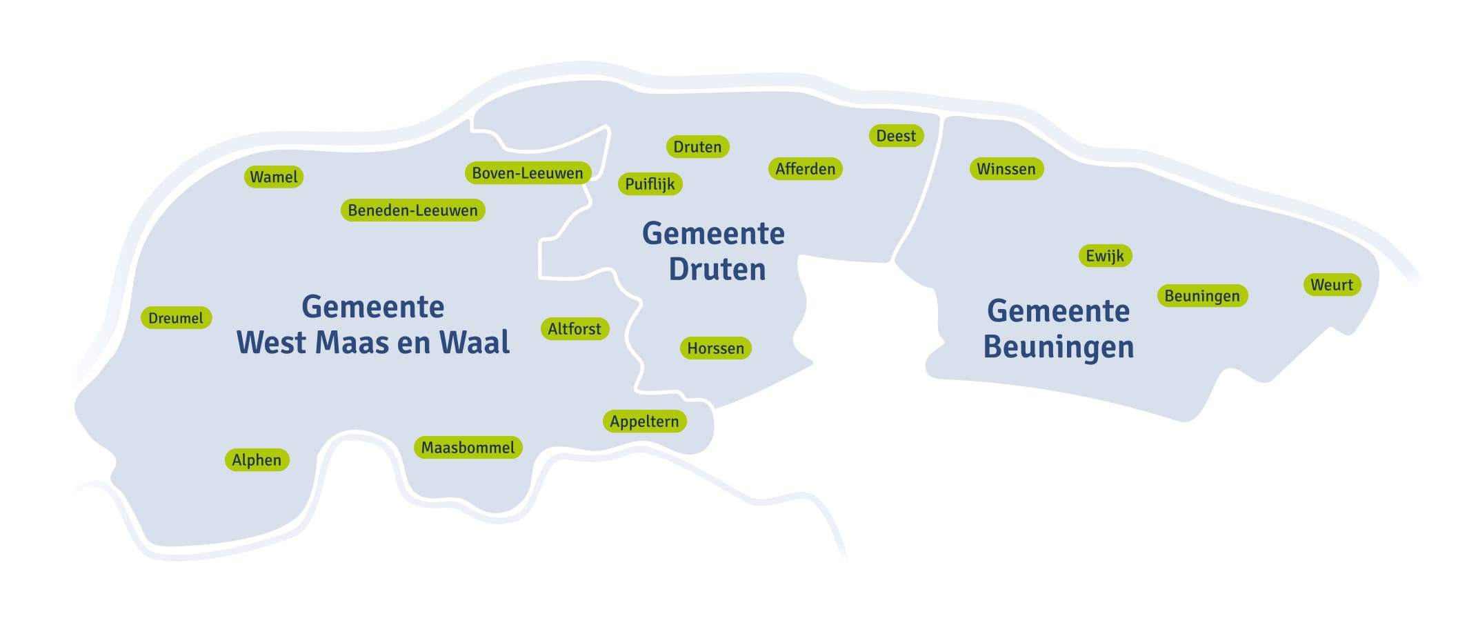 Kaart met de drie gemeenten, West Maas En Waal, Druten en Beuningen en de dorpen.